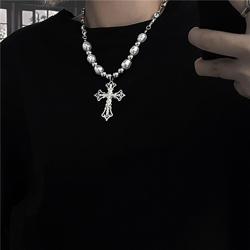 Necklace European and American ins personality retro cross pearl pendant accessories hip-hop versatile dance necklace men and women trendy