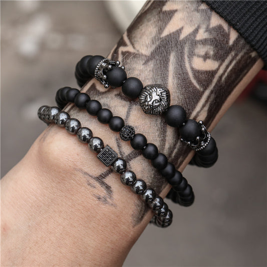 Fashionable Retro Black Frosted Bracelet Zircon Crown Diamond Ball Dice Lion Head Bead Bracelet Set