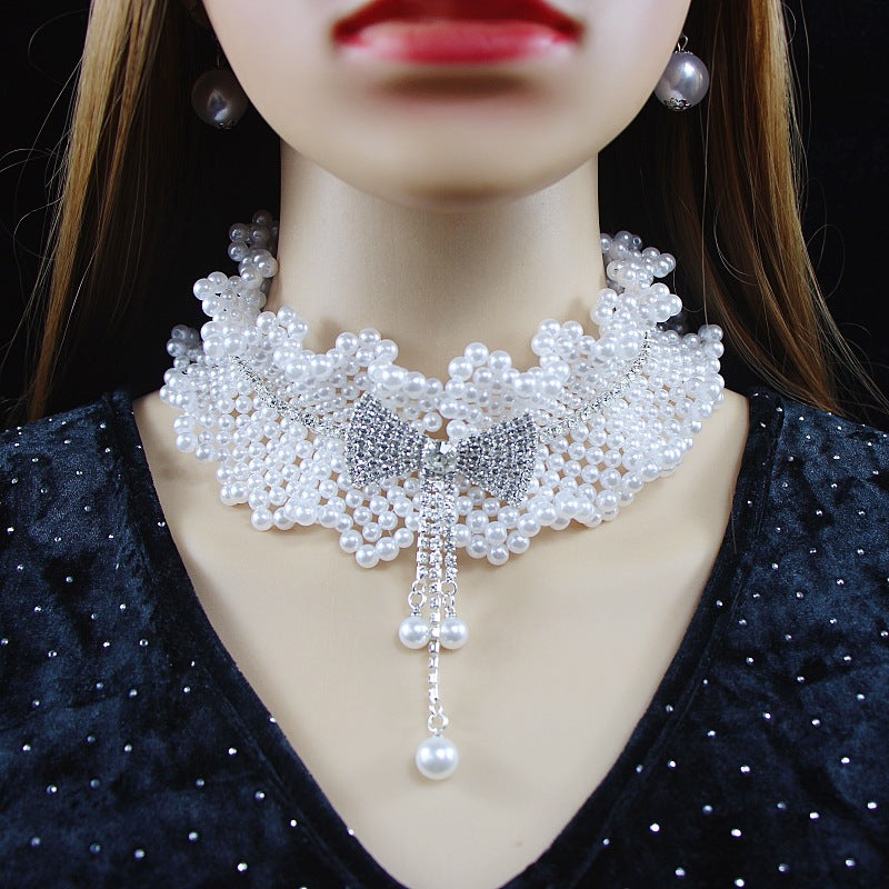 European and American cross-border new hand-woven pearl scarf necklace women's wedding jewelry clavicle chain butterfly neck jewelry