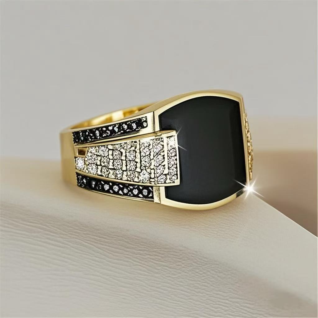 Cross-border hot European and American hot sale gold wideface set with black diamonds men's hand ornament retro fashion hip-hop full diamond ring