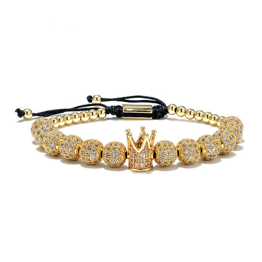 European and American retro popular micro inlaid zircon copper diamond ball crown hand-woven adjustable bracelet bracelet wholesale