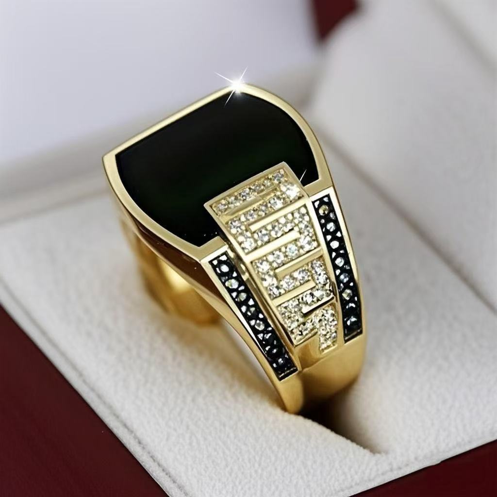 Cross-border hot European and American hot sale gold wideface set with black diamonds men's hand ornament retro fashion hip-hop full diamond ring