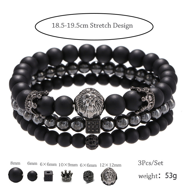 Fashionable Retro Black Frosted Bracelet Zircon Crown Diamond Ball Dice Lion Head Bead Bracelet Set