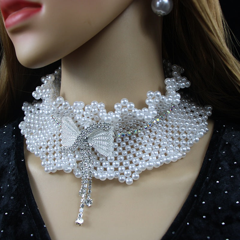 European and American cross-border new hand-woven pearl scarf necklace women's wedding jewelry clavicle chain butterfly neck jewelry