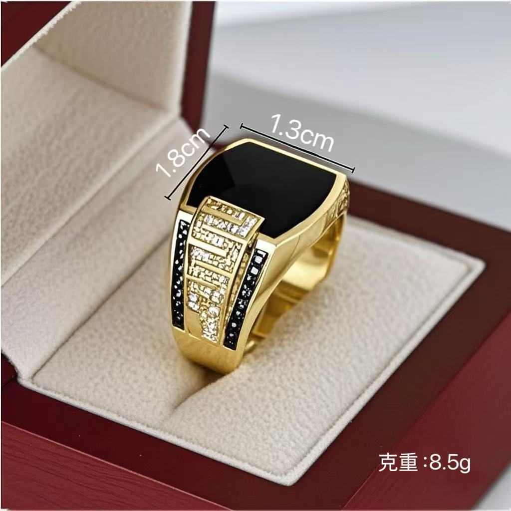 Cross-border hot European and American hot sale gold wideface set with black diamonds men's hand ornament retro fashion hip-hop full diamond ring