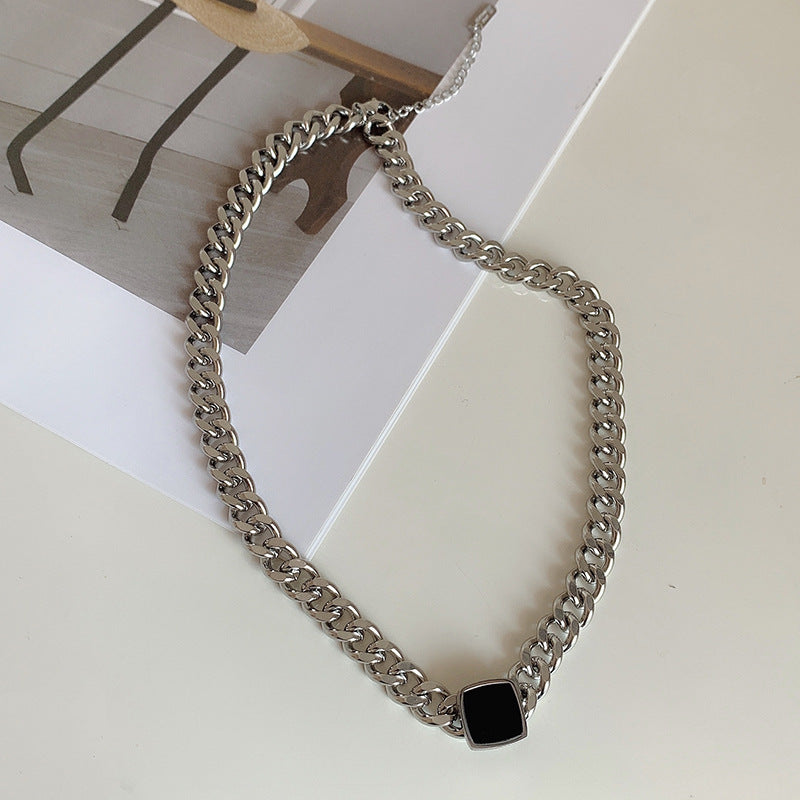 European and American personality exaggerated titanium steel thick chain necklace niche versatile black square clavicle chain necklace female summer does not fade