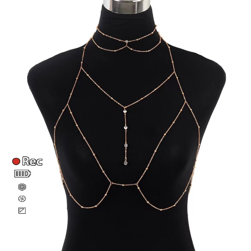 Fashionable diamond bead chain body chain decorated with diamond pendant tassel necklace chest chain fashionable women's European and American trendy chain