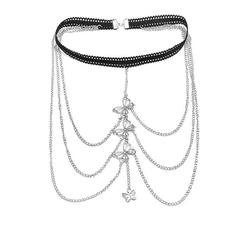 Fashionable diamond bead chain body chain decorated with diamond pendant tassel necklace chest chain fashionable women's European and American trendy chain